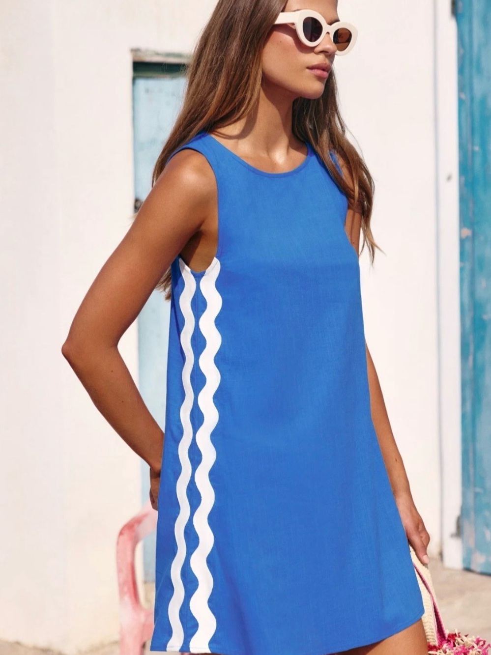 Mister Zimi Sleeveless Blue Dress with White Wave Trim